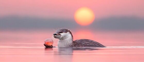 Otter holding a colorful object at sunset on calm water.