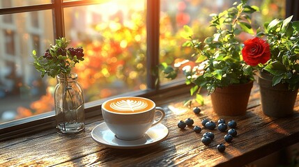 Sticker -   A coffee mug atop a windowsill with nearby planters and a vase adorned with blooms