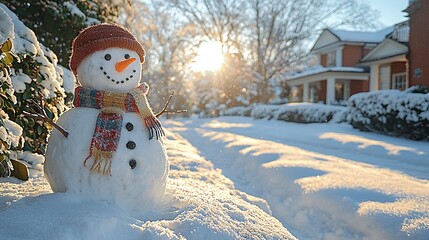 Poster -   A scarfed snowman in a hat stands before a red house on a snowy ground