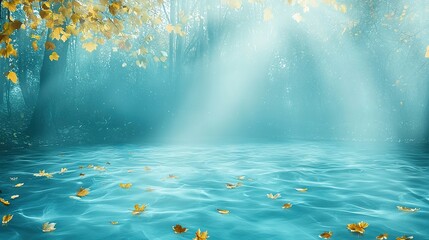 Sticker -   Blue water scene with leaves floating and sunlight streaming through the trees