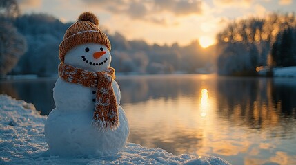 Poster -  A snowman stands by water with trees and sunset