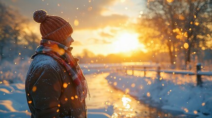 Wall Mural -   A person wearing a hat and scarf stands in front of a body of water during a stunning sunset