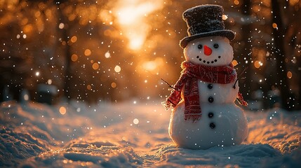 Wall Mural -   A snowman wearing a top hat and scarf stands in snowy surroundings with sunlight filtering through the tree canopy behind