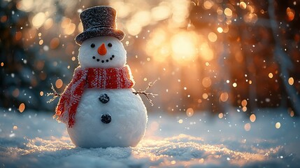 Sticker -   A snowman with a red scarf and a hat stands in the snow