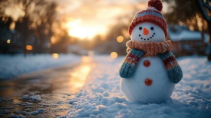 Poster -   A snowman stands on a snowy road with a scarf around its neck in red and blue