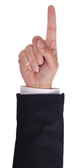 Wall Mural - businessman hand wear suit raising hand and show one pointing finger for number one wining, concept 