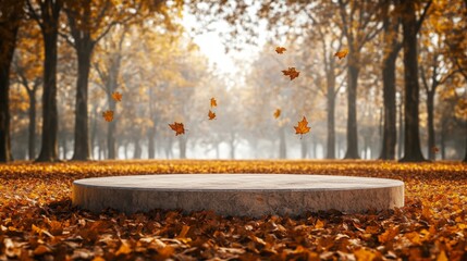 Poster - A circular stone platform situated in a tranquil forest surrounded by vibrant autumn leaves
