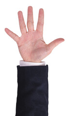 Wall Mural - businessman hand wear suit raising hand and show five finger for number five or waving hand, concept