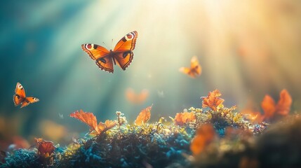 Poster -   Butterflies flutter over green and yellow grass, bathed in sunlight