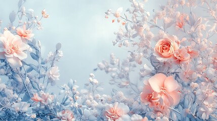 Canvas Print - Pastel pink roses and blossoms bloom in a field of soft blue light.