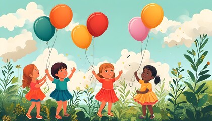 Joyful children playing with colorful balloons among lush plants and fluffy clouds in a vibrant vector illustration