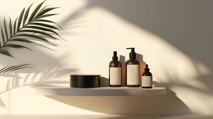 Canvas Print - Four amber glass bottles with white labels, a black jar, and a palm leaf on a white shelf against a white wall with sunlight.