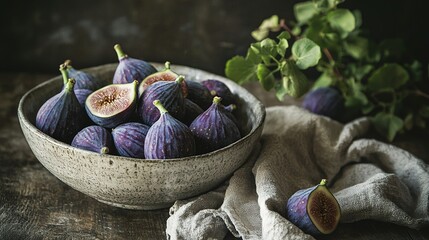   A bowl brimming with figs sits beside a cloth and atop a wooden table, a potted plant perched on top