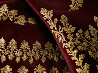 Maroon velvet fabric with rich gold embroidery for upscale interiors.