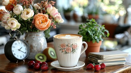 Poster -   A cup of coffee resting atop a wooden table beside a bouquet of flowers and a diminutive clock