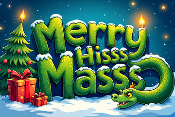 Wall Mural - Colorful and festive illustration featuring the text Merry Hisss Masss with a green snake wrapped around it, set against a snowy background with Christmas trees and presents.