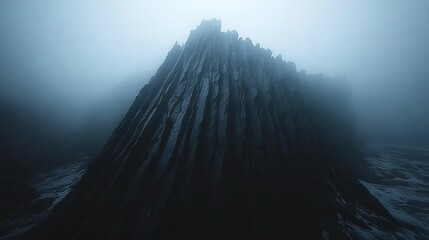 Poster -   A large wooden bridge spanning a body of water with fog surrounding it, featuring a person standing on its summit