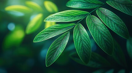 Poster -   A sharp focus on a green leaf with droplets of water, set against a slightly fuzzy backdrop