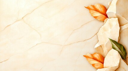 Wall Mural - Beige Marble Background with Autumn Leaves