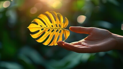 Wall Mural -   A clear image shows a person holding a yellow leaf against a blurred backdrop of trees and leaves