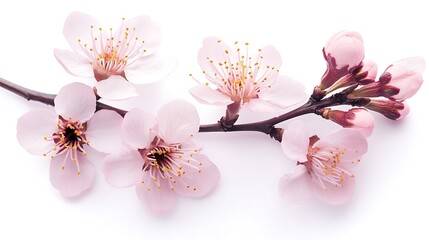 Pink blossom branch with delicate flowers isolated on white background.