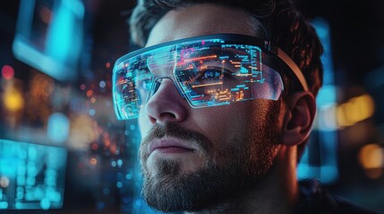 Poster - Close-up portrait of a man wearing augmented reality headset with digital interface reflections in a futuristic environment