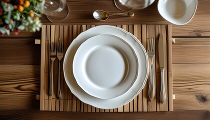 Charming table arrangement featuring white dinnerware and silver utensils on a rustic wooden placemat, perfect for an elegant meal or celebration.