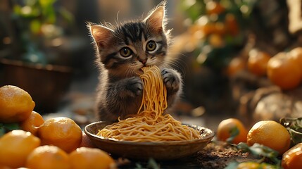 A cute tabby kitten sits on a table and eats noodles surrounded by oranges.