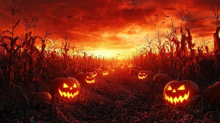 Sticker -  A red sunset in the background illuminates a group of expertly carved Jack-o'-lanterns arranged in a cornfield