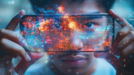 Poster - Close-up portrait of a person holding a smartphone with digital holographic display