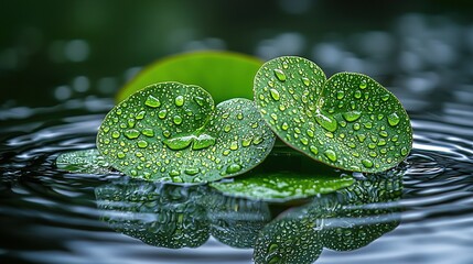 Wall Mural -  A cluster of lush greenery bobbing atop a tranquil body of water, dotted with glistening droplets