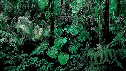 Wall Mural -   A lush forest painting, filled with verdant foliage and towering trees adorned with emerald leaves