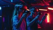 © Oleksandr Kozak - Man and woman playing game using virtual reality headset and gamepads in the dark room of the playing club