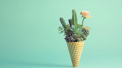 Poster -  A blue background featuring an ice cream cone filled with vibrant flowers and lush succulents, topped with a delicate pink rose