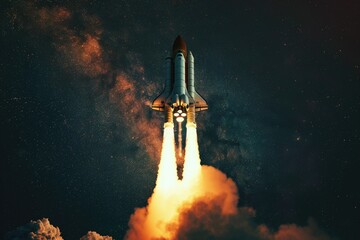 Poster - A space shuttle takes off into the sky with smoke and flames surrounding it