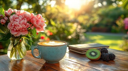 Canvas Print -   A coffee cup perched atop a wooden table, adjacent to a vase brimming with blossoms and a kiwi