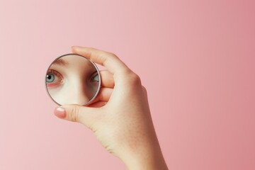 Poster - A person uses a magnifying glass to examine something on a pink background