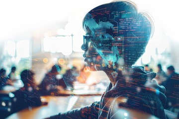 Wall Mural - A woman wearing glasses and a hoodie looks at her computer screen, likely working or browsing