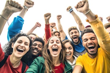 Poster - A group of people rejoicing and celebrating, arms raised in excitement