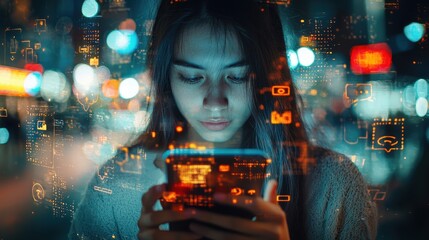Poster - Close-up portrait of a woman scrolling through smartphone apps, with virtual icons and digital interfaces overlayed in a futuristic urban setting at night