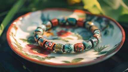 Colorful handmade ceramic bead bracelet resting on floral china plate