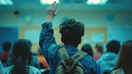 Poster - A student raises their hand to get attention or participate in class, suitable for educational or training contexts
