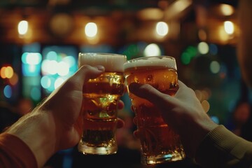 Wall Mural - Two people enjoying a moment of friendship over drinks in a bar setting