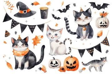 Wall Mural - Colorful watercolor illustrations of Halloween-themed cats