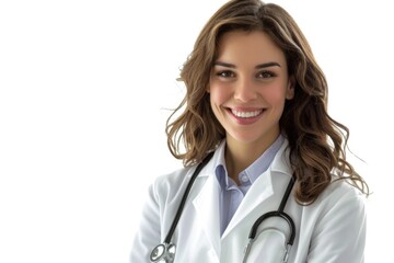 Canvas Print - A woman in a lab coat uses a stethoscope to examine a patient, likely in a medical setting