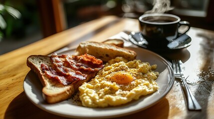 Canvas Print -   A plate with eggs, bacon, toast, and a cup of coffee sits on a table next to another cup of coffee