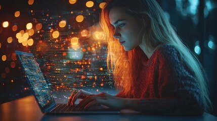 Poster - Focused woman typing on a laptop with glowing code overlay, representing technology, innovation, and digital design in a modern workspace.