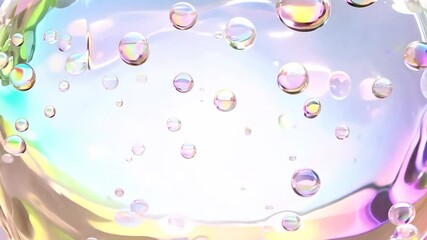 Poster - Animation of a big soap bubble surrounded by smaller bubbles on pastel iridescent background. Perfect motion background for cosmetics or beauty products