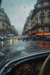 Poster - A view of a city street from the perspective of being inside a car, ideal for use in stock footage or images about urban life and transportation
