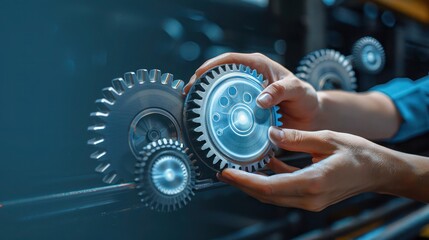 A person is pointing at a blue image of gears, Businessman holding floating digital gears, symbolizing technology and innovation.